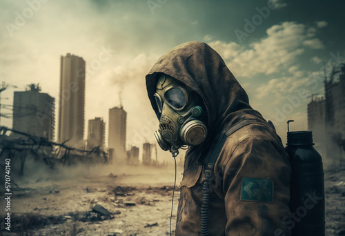The Last Survivors: A Post-Apocalyptic AI-Generated Render of a Masked City Destroyed by Nuclear War and Toxic Pollution photo
