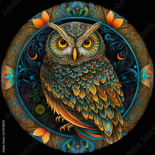 Colorful owl mandala art on a black background. Created with Generative AI technology. photo