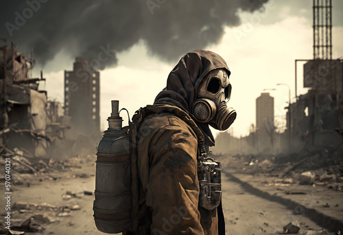 The Fearful Masked Survivors of the AI-Generated Nuclear Apocalypse: A Render of a Destroyed City's Toxic Fallout photo