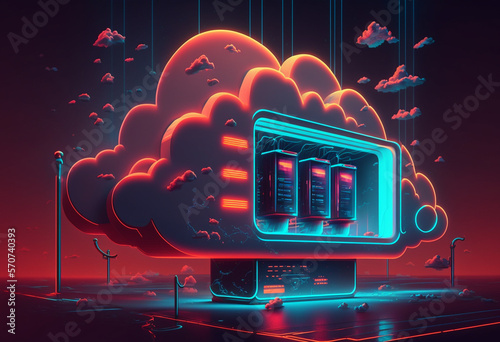 Neon-Illuminated Cloud Computing: AI-Generated Render of the Futuristic Cloud-Based Technology Solutions photo