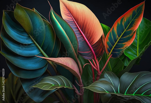 Artificial AI Render of Exotic Tropical Leaves in a Colorful Jungle: Macro Photography of a Bright Summer Vacation in a Rainforest Background