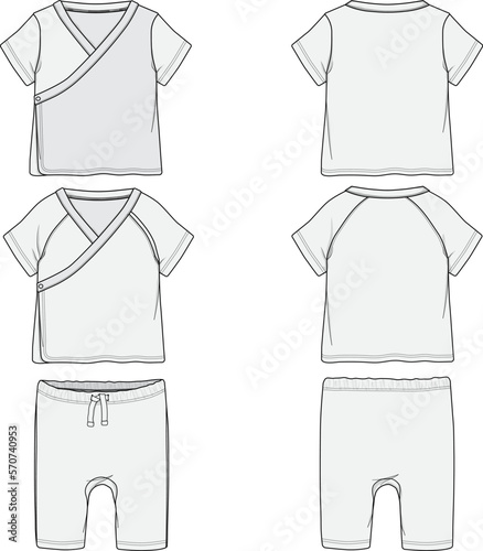 Infant Baby Toddler Short-sleeve Kimono Top and Leggings Mockup Sketch Template Technical CAD Illustration