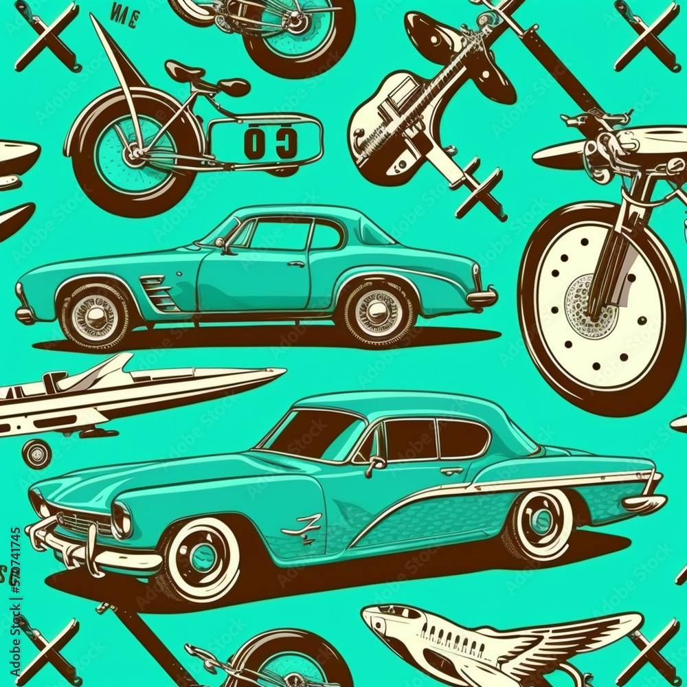 Fototapeta premium Fathers day themed seamless pattern with men, weights, cars, boats, motorcycle, guitars in a sticker style design over a tiffany colored background
