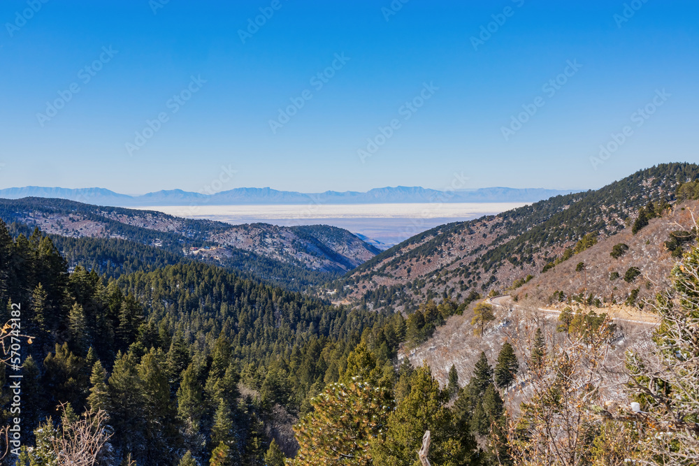 High angle view of the White Sands National Park from Lincoln National Forest