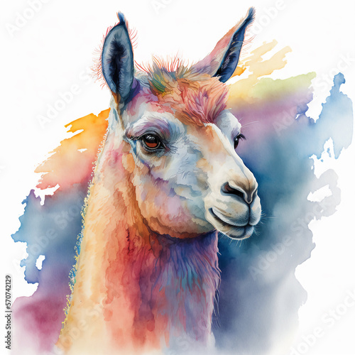 Watercolor llama portrait painting. Realistic wild animal illustration on white background. Created with Generative AI technology.
