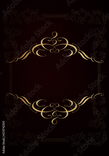 Abstract grunge dark red background with golden patina and frame
