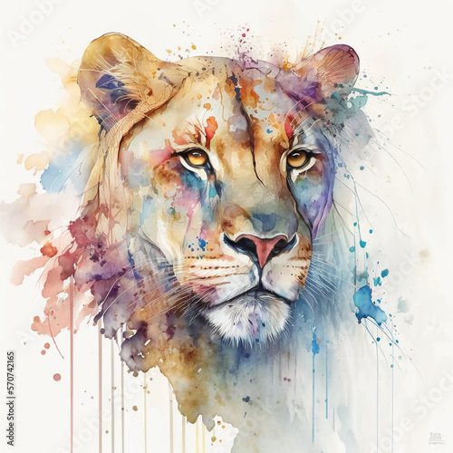 Watercolor lioness portrait painting. Realistic wild animal illustration on white background. Created with Generative AI technology.