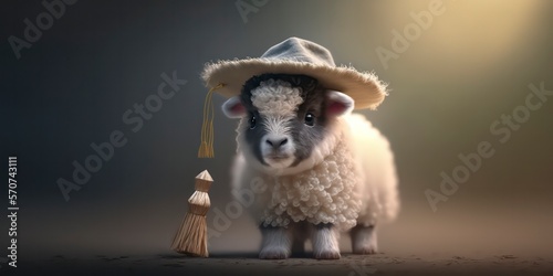 Sheep wearing graduation hat illustration  generative AI  Sheep Achieves Success with a Graduation Cap Illustration - Generated by AI