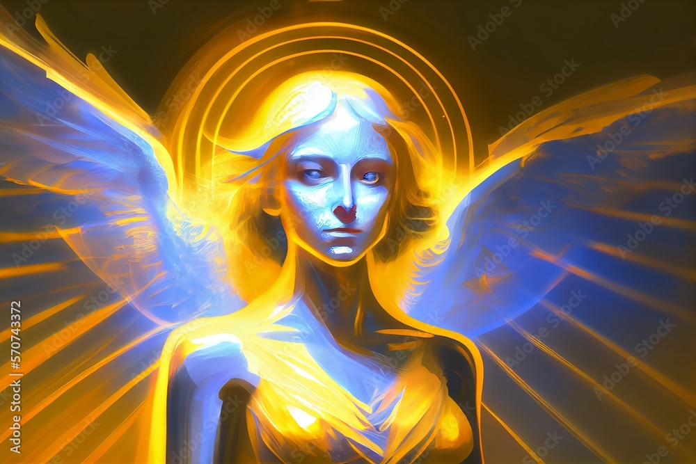 angel with wings in rays of yellow-blue light, generative AI angel with wings in rays of yellow-blue light, generative AI