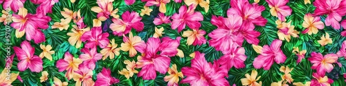 Colorful tropical flowers - bright and vibrant exotic floral panoramic image