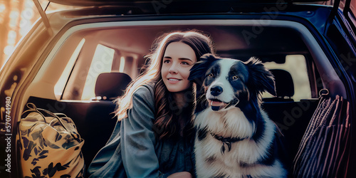 A woman with her dog in the trunk of her car playing with her dog. Generative AI.