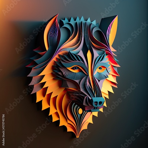 Paper cut art symbolized with the face of an wolf. Colored paper. Generative AI.