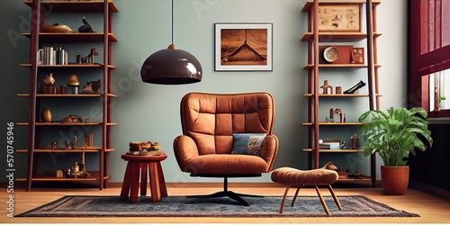 Stylish interior of living room with design brown armchair, wooden bookcase, pendant lamp. Generative AI. © andrenascimento