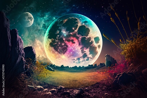 Magical night background with full moon and beautiful rainbow at starry night. Fairytale night astronomy moonlight landscape. Dreamy fantasy tree and luna moon in fairy epic composition. Generative AI