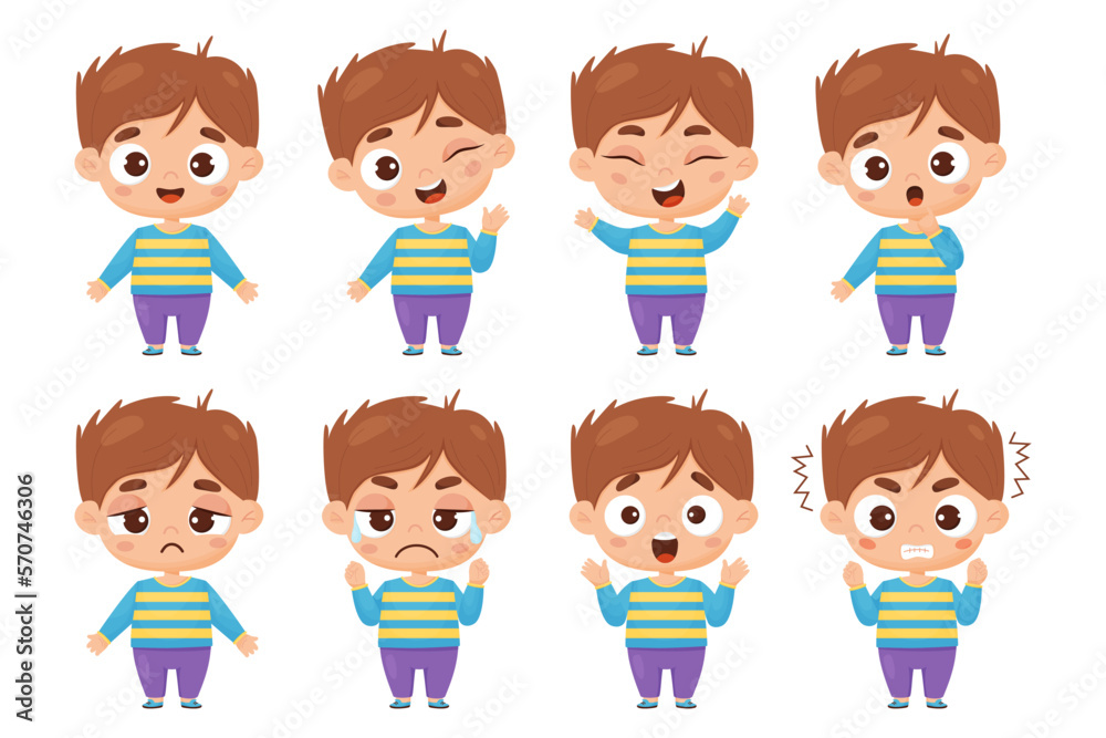 kids collection of emotions. Cute boy in full growth with different facial expressions and feelings - happiness, crying, anger, smile, delight, wonder. Vector illustration cartoon style for design kids collection of emotions. Cute boy in full growth with different facial expressions and feelings - happiness, crying, anger, smile, delight, wonder. Vector illustration cartoon style for design