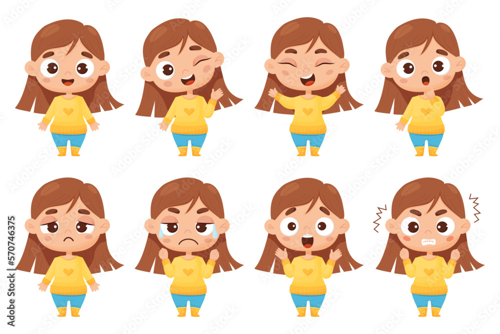 kids collection of emotions. Cute girl in full growth with different facial expressions and feelings - happiness, crying, anger, smile, delight, wonder. Vector illustration cartoon style for design kids collection of emotions. Cute girl in full growth with different facial expressions and feelings - happiness, crying, anger, smile, delight, wonder. Vector illustration cartoon style for design