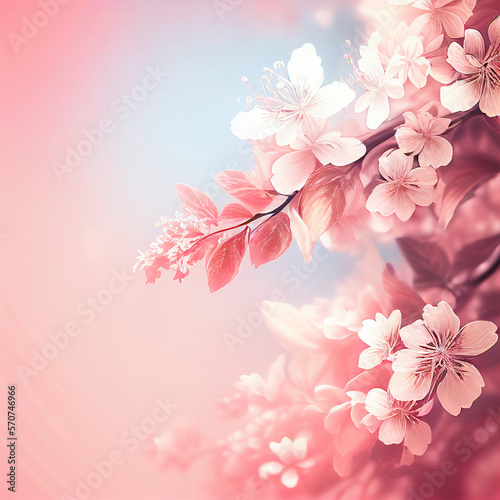 Spring blossom background in pink pastel tones with copyspace. Generative AI  