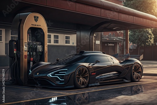 Electric super car at a charging station - generative ai