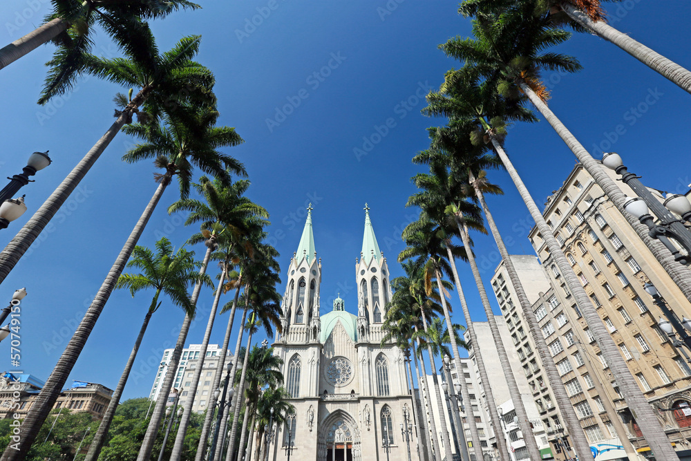 View of the Cathedral of Se in Sao Paulo downtown, Brazil