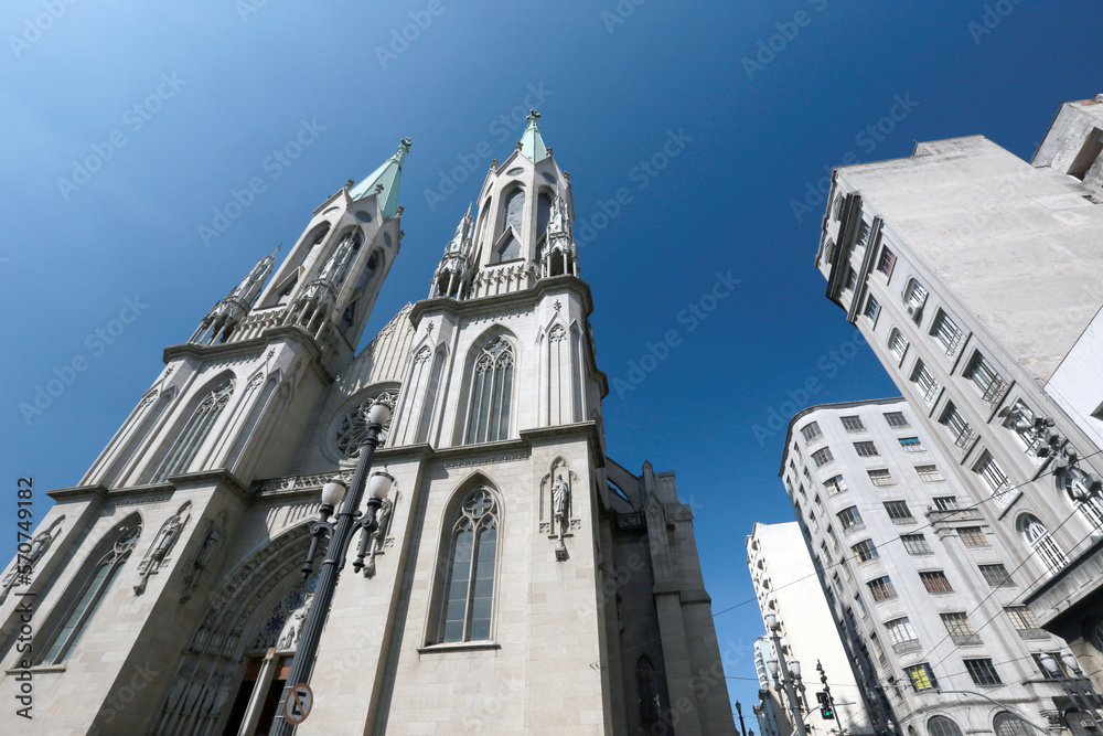 Perspective view of the Cathedral of Se in Sao Paulo downtown, Brazil