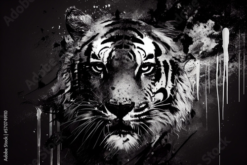 Abstraktes schwarz wei  es Tiger  Kunstwerk mit Farbspritzer isoliert auf wei  en Hintergrund. Perfektes Wandbild - Generative Ai 