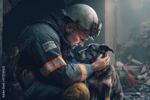 Volunteer firefighter petting his rescue dog tenderly after a hard day's work in a city destroyed by an earthquake. Concept of solidarity and humanitarian aid. Ai generated art