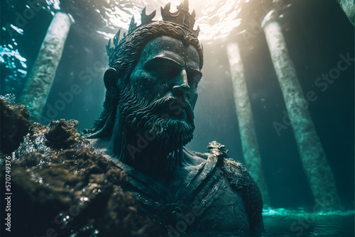 Sunken statue of the god Poseidon against the background of antique columns, ancient Greek mythology, ai generated art