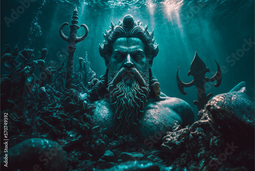 Sunken statue of the god Poseidon, ancient Greek mythology, ai generated art