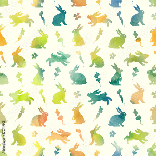 Hand drawn seamless pattern with cute doodle watercolor silhouette bunnies. Easter background. Perfect for textile or paper wrapping design. Vector illustration