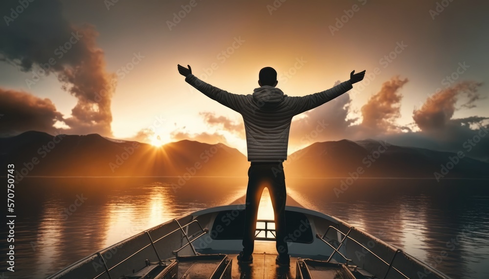 man standing on a boat with his arms wide open in the air with his arms ...