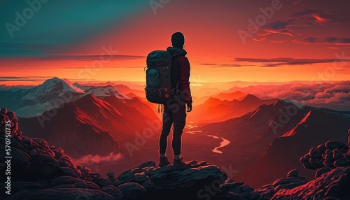 Fotografering man standing on top of a mountain with a backpack on his back and a sunset in the background behind him, with a red sky and orange clouds and a red hued