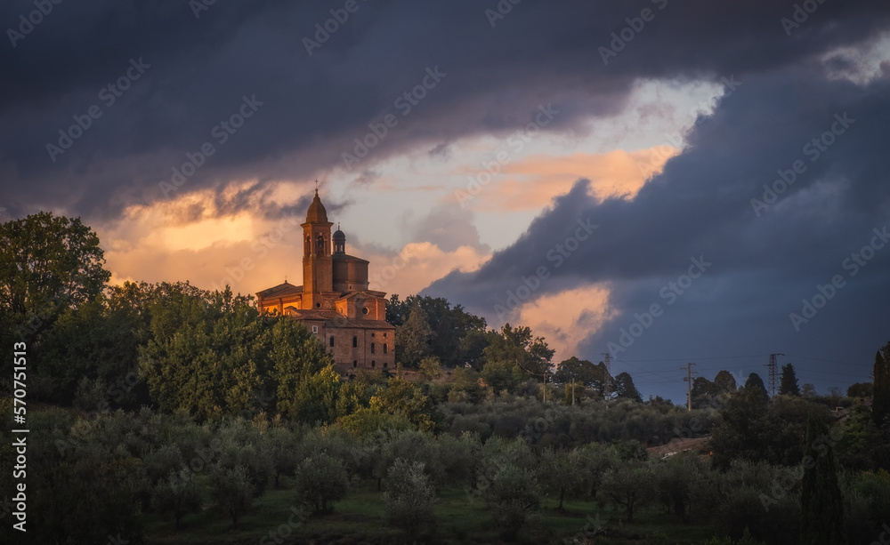 Photo contains sunset view on Basilica dell Osservanza in Siena - Italy. October 2022