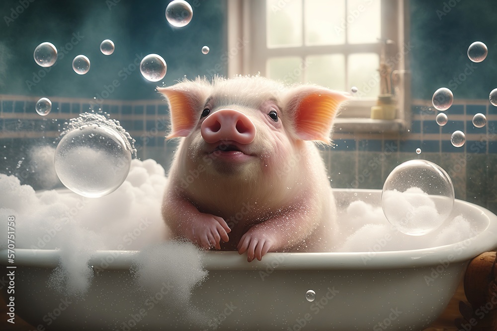A cute little pig takes a bubble bath to keep himself clean and