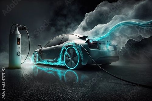 Conceptual illustration of a futuristic car recharging its hydrogen fuel cell. Ai generated