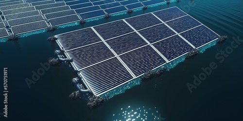 Group of floating solar panels in an installation on the water of a lake. Ai generative photo