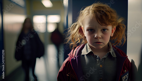 Portrait of a resentful girl in a school corridor. Bullying at school concept. Generative AI