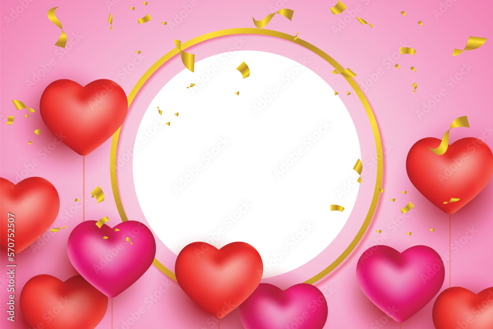 valentine's day background template with empty white circle for text and realistic hearts ornament