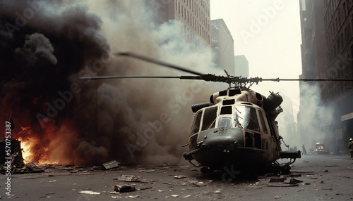 Military helicopter shot down during enemy attack in New York City. Soldiers armed with rifles, and wearing gas helmets, they navigate debris-filled streets while under attack.