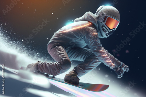 Snowboarder Racing Down a Snowy Mountain Slope (Generative AI) © Russell