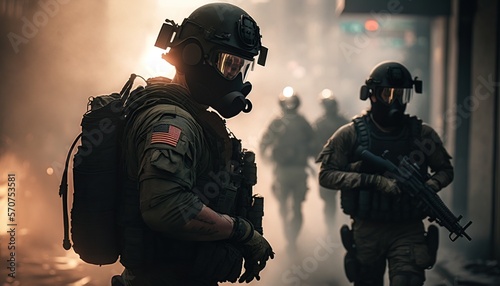 Special ops soldiers fight for survival in chaotic urban warfare in New York City. On fire, armed with rifles, and wearing gas helmets, they navigate debris-filled streets while under attack. photo
