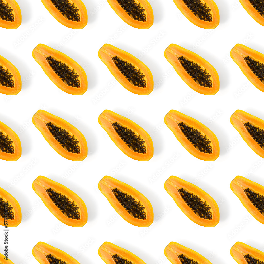 Fresh ripe papaya one direct seamless pattern on white background. Tropical abstract background. Top view. Creative design, minimal flat lay concept. Trend tropical fruit food background pattern Fresh ripe papaya one direct seamless pattern on white background. Tropical abstract background. Top view. Creative design, minimal flat lay concept. Trend tropical fruit food background pattern