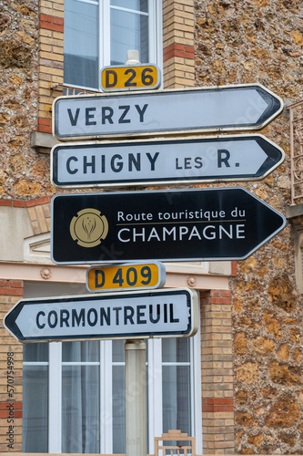 Low season in winter in Champagne sparkling wine making region near Epernay, Champagne, France. Road signes and towns of destinations, Gran Cru village