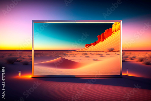 Illustration with a big screen in the middle of the desert, sunrise, , AI generated illustration
