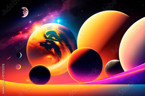 cosmic illustration with planets of different colors and dark blue sky , AI generated illustration