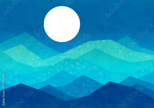 山と満月の夜の風景 水彩背景イラスト
