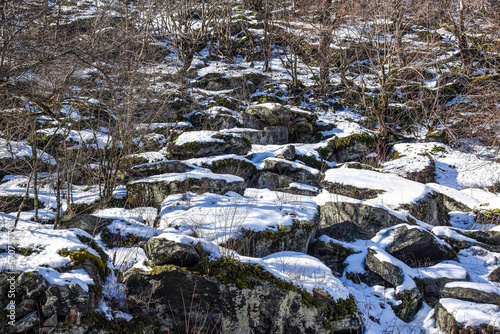 snow  covered rocky terrain of wachusett mountain photo