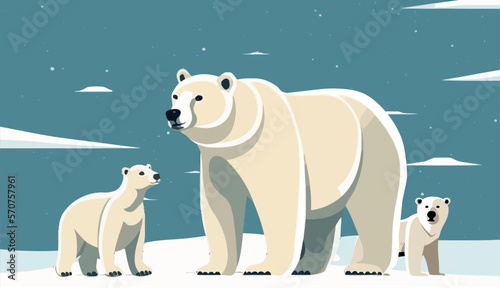 The white bear and her cub bear walks through the snow. Mother and child. The glacier  snow-covered plains. Starry night in the North. Landscapes of the Arctic. Vector illustration