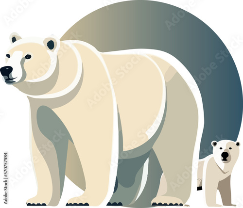 The white bear and her cub bear walks through the snow. Mother and child. The glacier, snow-covered plains. Starry night in the North. Landscapes of the Arctic. Vector illustration