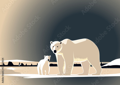 The white bear and her cub bear walks through the snow. Mother and child. The glacier, snow-covered plains. Starry night in the North. Landscapes of the Arctic. Vector illustration