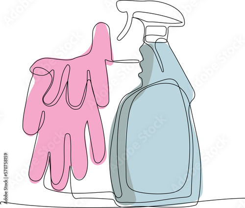 Continuous one line drawing of bottles for liquid laundry detergent, bleach, fabric softener, dishwashing liquid or another cleaning agent. Easy to place your text and brand logo. Vector illustration